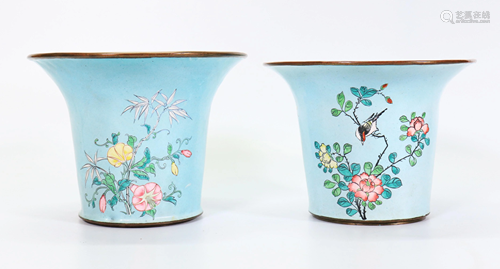 2 Chinese Canton Enamel Powder Blue Planters