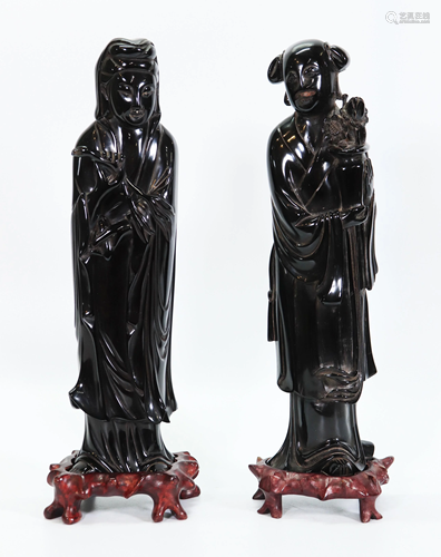 2 Chinese Carved Cherry Amber Immortal Figures