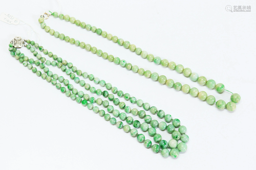 2 Chinese Green Jadeite Bead Necklaces, 3 Strands