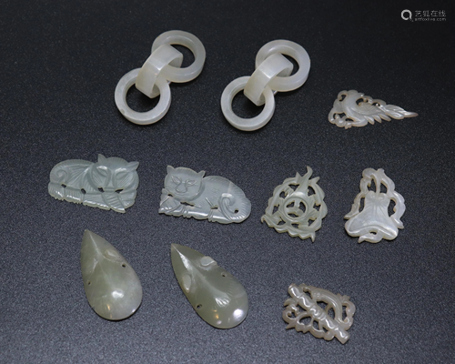 10 Chinese 19 C Carved White Jade Earrings, Jewels