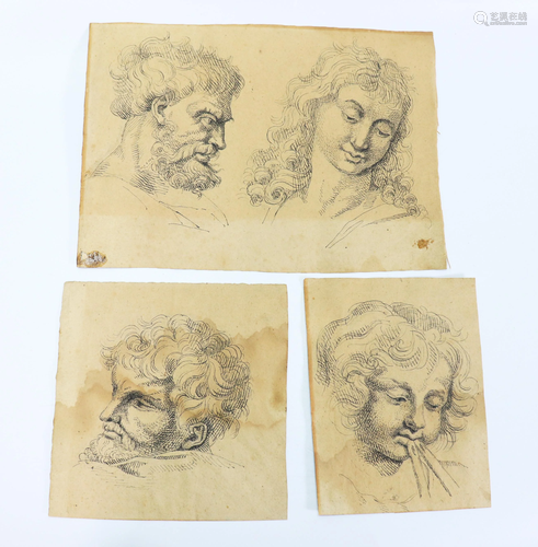 4 Italian Pen & Ink Drawings16/18 C Raphael Heads