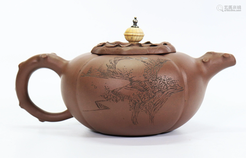 Large Chinese Yixing Melon Shaped Incised Teapot