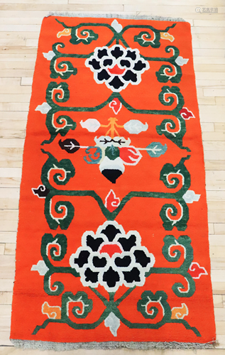 Tibetan Saffron Wool Carpet, Sanduo & Lotus Design