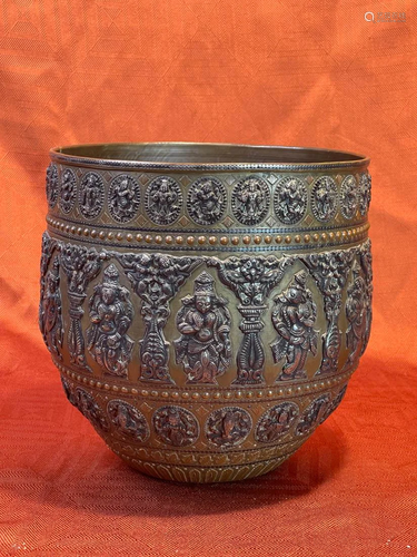 Antique Indian Copper Buddhist Bowl with Silver Inlay