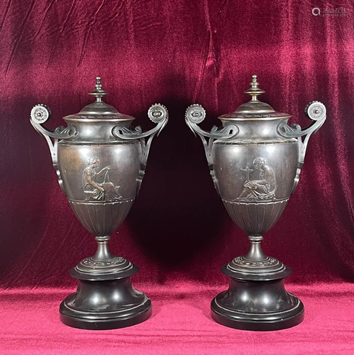 Pair 19th cen French Bronze Vase with Cover