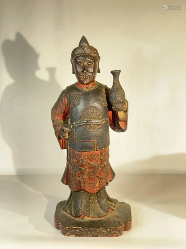 Chinese Lacquer on Wood Figurine Holding Vase