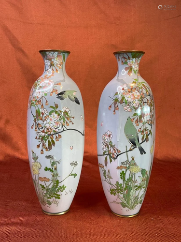 Pair Japanese Hexagonal Cloisonne Vase Style of