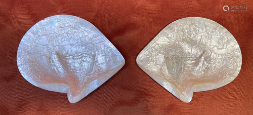 Pair Chinese Export Carved Mother of Pearl Shells