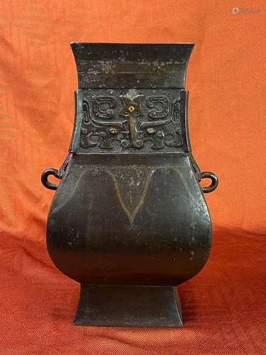 Chinese Bronze Fanghu Vase wityh Gold and Silver Inlay