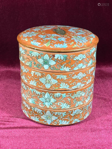 Chinese Porcelain Stacked Box with Coral Red Ground