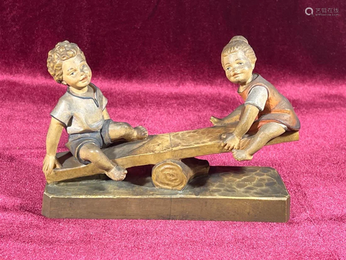 Anri Wood Carving - Boy Girl Playing