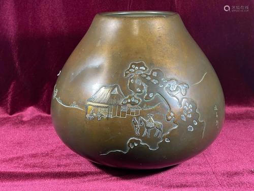 Japanese Bronze Vase with Hut Scene