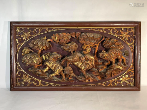 Chinese Carved Wood Plaque with Boar Scene