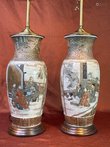 Pair Japanese Satsuma Vases Lamps