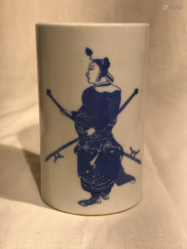 Chinese Blue White Porcelain Brushpot - Warrior