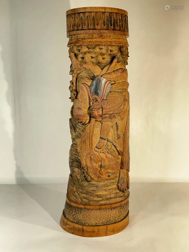 Japanese Carved Bamboo Vase - Samurai