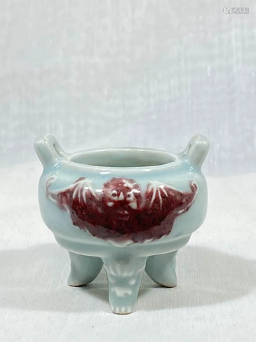 Chinese Miniture Porcelain Censer - Copper Red Bat