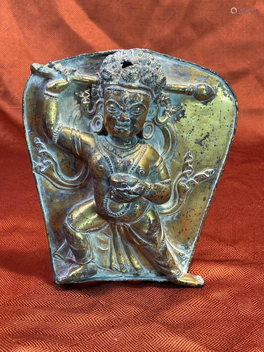 Nice Tibetan Gilt Copper Repousse Plaque of Guardian