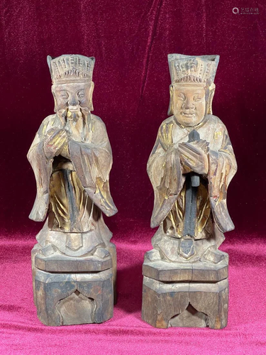 Pair Chinese Carved Wood Diety