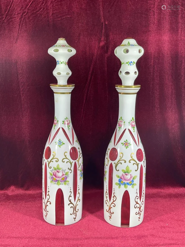 Pair Bohemian Cameo Cut Glass Decanter with Stopper