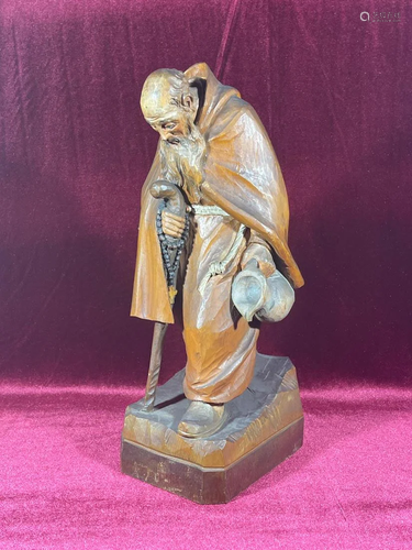 Vintage Anri Wood Carving - Priest with Wine Jug