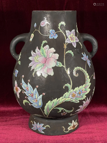 Chinese Famille Noir Porcelain Vase with Double Handle