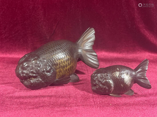 Pair Japanese Bronze Mixed Metal Gold Fish