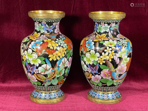 Pair Chinese Cloisonne Vases with Butterfly Scene