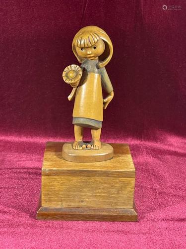 Anri Wood Carving - Music Box Girl with Flower