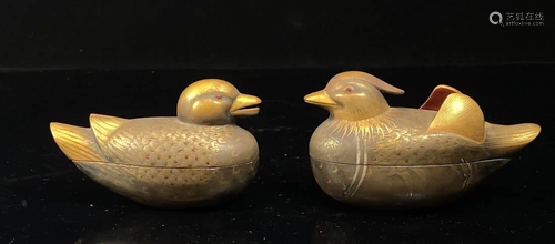 Pair Japanese Lacquer Box - Madarin Ducks