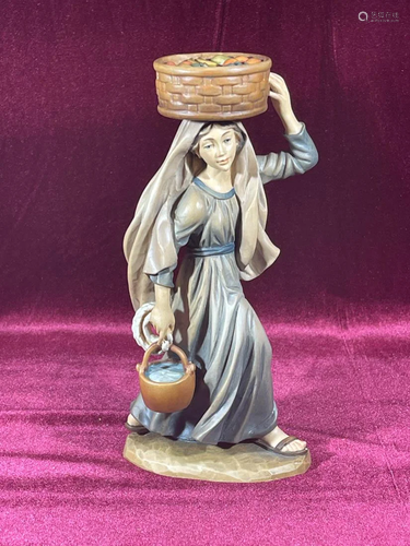 Anri Wood Carving - Women with Fruit Basket