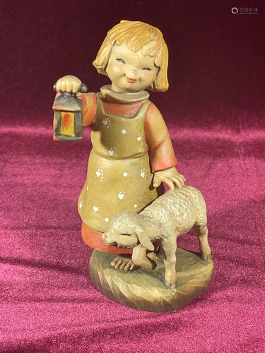 Anri Wood Carving - Jerrandiz Girl with Sheep