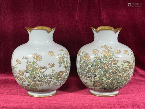 Pair Japanese Cloisonne Vases - Floral DÃ©cor