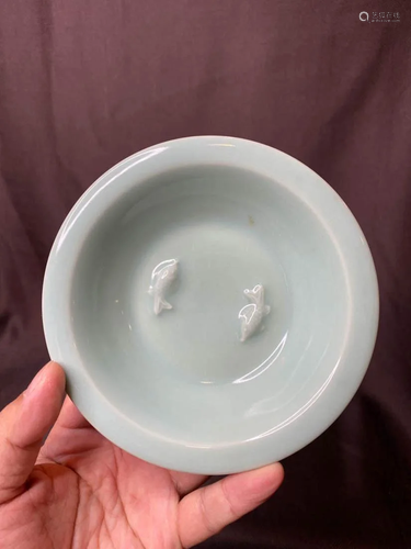 Asian Celadon Porcelain Dish with Molded Fish DÃ©cor