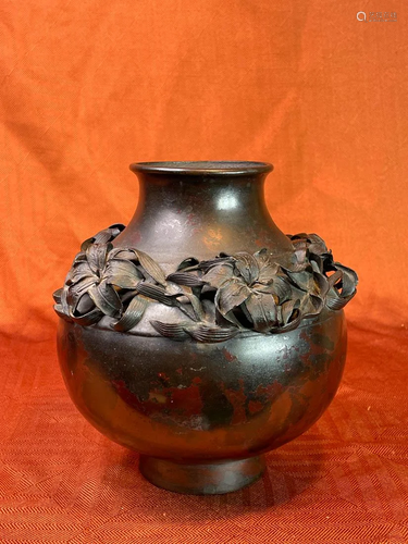 Japanese Bronze Vase with High Relief Flowers - Signed