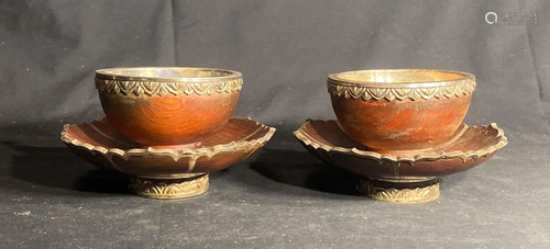 Pair Chinese Wood and Silver Lotus Bowl