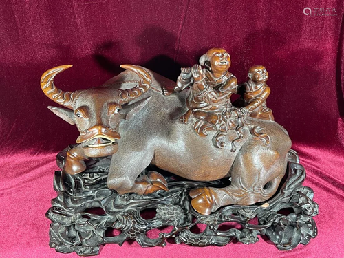 Antique Chinese Hardwood Carving of Boy Riding Ox