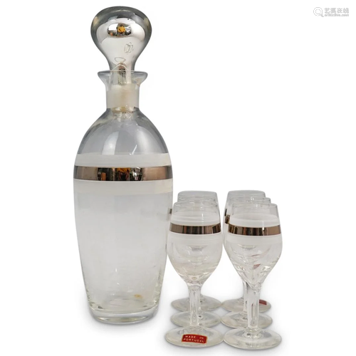 (7 Pc) Portuguese Glass Liquor Set Decanter & Glasses