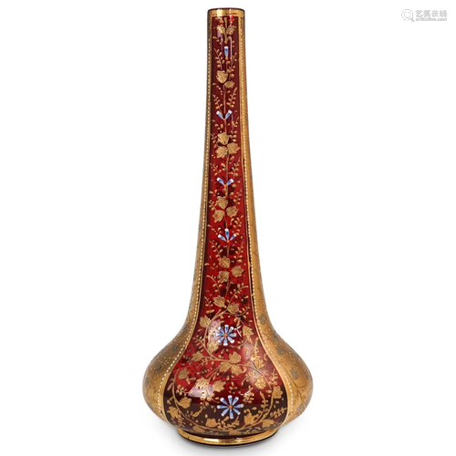 Moser Gilt & Enamel Cranberry Glass Bud Vase