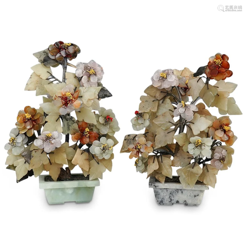 (2 Pc) Chinese Jade and Semi Precious Stone Trees