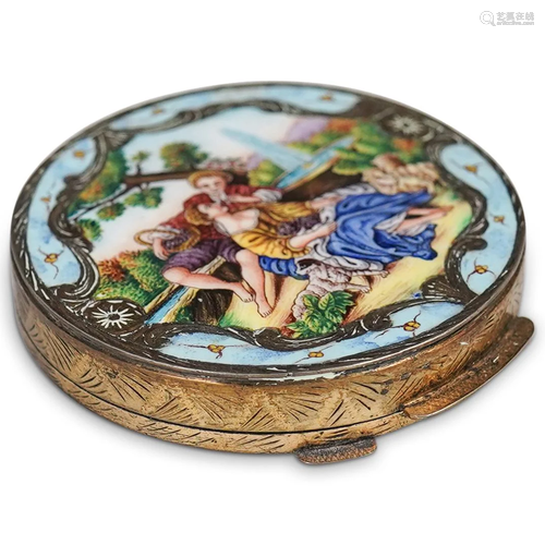 Antique Silver Enamel Round Compact Case