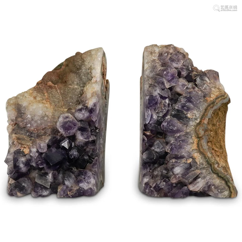 Pair Of Amethyst Geo Slab Bookends