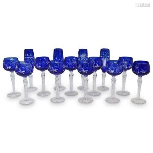 (14 Pc) Bohemian Crystal Cut Cobalt Stemware