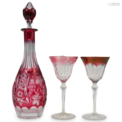 (3 Pc) Cranberry Cut Crystal Liquor Set