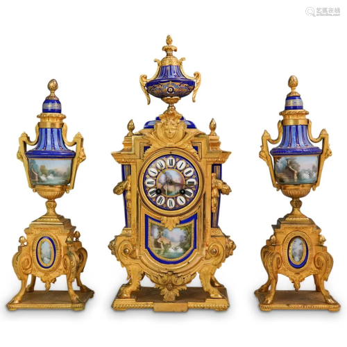 19th Cent. Sevres Dore Bronze Mantle Clock Set
