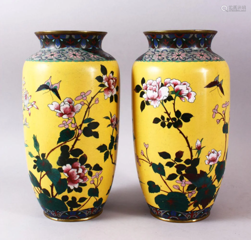 A PAIR OF JAPPANESE MEIJI PERIOD CLOISONNE VASES, with