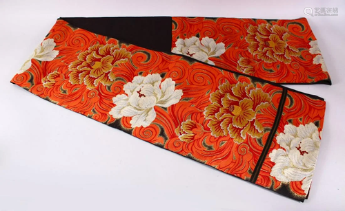 A FINE QUALITY JAPANESE EMBROIDERED SILK FUKURO OBI