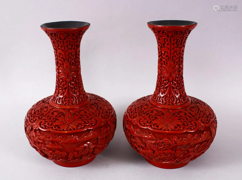 A PAIR OF CHINESE CINNABAR LACQUER BOTTLE VASES, with