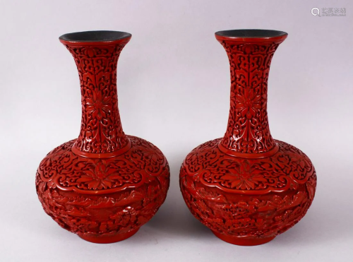 A PAIR OF CHINESE CINNABAR LACQUER BOTTLE VASES, with