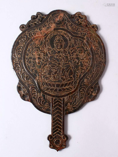 A CHINESE CARVED JADE BUDDHA / DEITY FAN PLAQUE, the